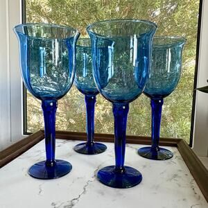 Vintage Cobalt Blue Mexican Glass Goblets Set of 4